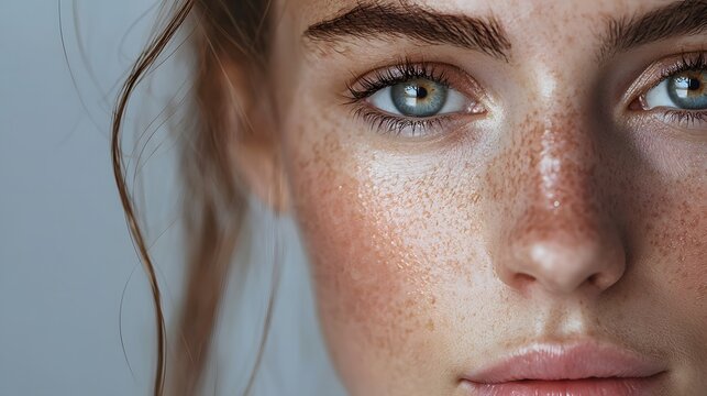 Serene portrait of cauacsian woman with healthy and luminous skin. Grey background with copy space. Beauty and wellness for National Healthy Skin Month