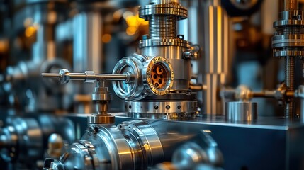 Fototapeta premium Close-up of industrial machinery showcasing intricate metal components and valves.