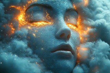 A surreal and ethereal portrait of a woman's face emerging from clouds, her eyes glowing with fiery embers, creating a mystical and divine atmosphere.