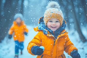 Children playing in snow wearing bright winter jackets outdoors. Generative AI.