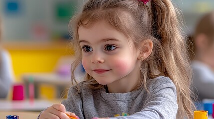 Fototapeta premium A white girl is drawing with paints, looking at work, face in profile, slight smile, against the backdrop of a kindergarten classroom