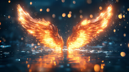Fototapeta premium Pair of burning angel wings rising from water reflecting light particles. Ethereal Angel Wings. Illustration
