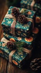 Beautifully wrapped Christmas gifts with pinecones and greenery, festive holiday decor and rustic charm
