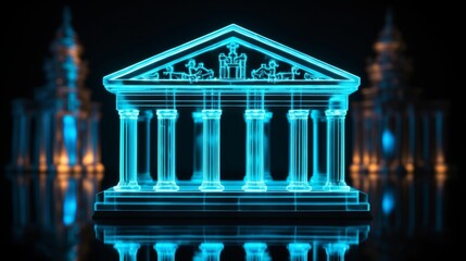 Obraz premium Blue neon bank building outline on a dark abstract background representing finance and technology