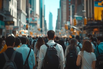 Obraz premium Man Commutes Through Busy Daytime Metropolitan City Street