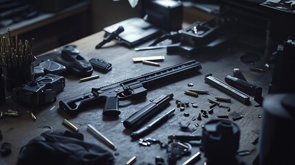 Fototapeta premium A workspace cluttered with firearms, tools, and ammunition.