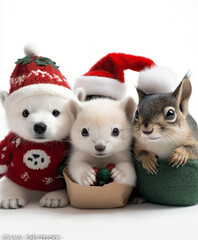 Fototapeta premium a polar bear cub, a playful puppy, and a fluffy squirrel, all dressed in festive Christmas costumes, isolated on a solid white background