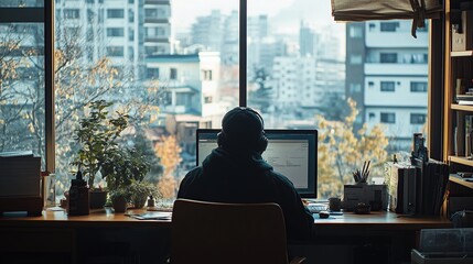 Person working at a desk with a computer, overlooking a cityscape through a window.