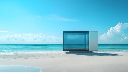 Fototapeta premium A pristine beach with a sleek, rectangular glass tech experience pod set on the sandy shoreline under a clear blue sky. advanced technology in a clean, minimalist setting.