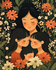 A serene Mother's Day illustration featuring a woman inspiring her family, symbolizing habits of success and nurturing potential, surrounded by blooming flowers