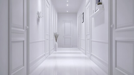 Bright, airy hallway corridor designed in clean white tones, featuring doors on either side. A built-in true niche with shelves provides space for decorative items, adding style and functionality 