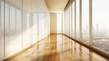 Obraz premium Interior view of a modern home corridor featuring a window wall that allows natural light to illuminate the space.