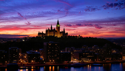 Parliament Hill in Ottawa at dusk with colorful sky.