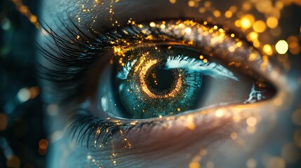 Close-up of an eye with swirling light patterns and sparkles.