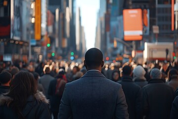 Fototapeta premium Man in Suit Walking Busy City Street, Bright Sunlight