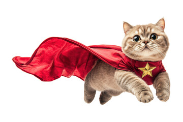 Superhero cat leaps with a cape, showcasing playful energy and charm against a white isolated background.