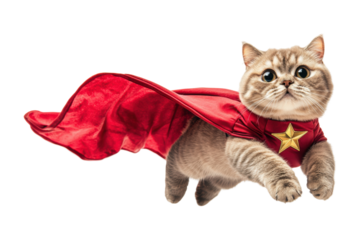 Superhero cat leaps with a cape, showcasing playful energy and charm against a white isolated background.