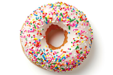 donut one white glazed thick  with sprinkles isolated, top view