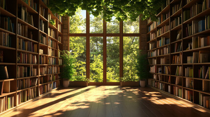 3D illustration of a hallway interior featuring built-in bookshelves lining the walls. Large windows at the far end allow natural light to flood the space, creating a warm and inviting atmosphere