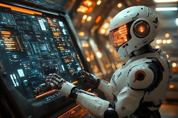 Fototapeta premium A humanoid robot operates a complex computer system in a futuristic spaceship control room.