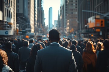 Obraz premium Man in Suit, Back View, City Street Crowd