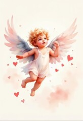 Fototapeta premium Watercolor illustration of Cupid with full-length wings, dreamy pastel background, whimsical atmosphere