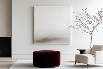 modern interior design, a sleek burgundy ottoman is the focal point in a modern lounge with neutral decor and a bold abstract artwork