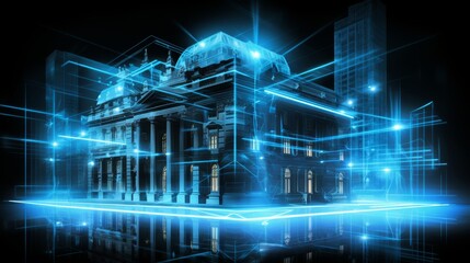 Obraz premium Blue neon bank building outline on dark abstract background, symbolizing finance and technology