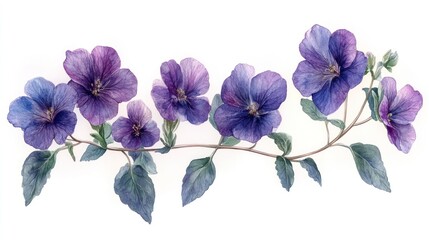 Fototapeta premium A delicate watercolor illustration of purple violets with green leaves.