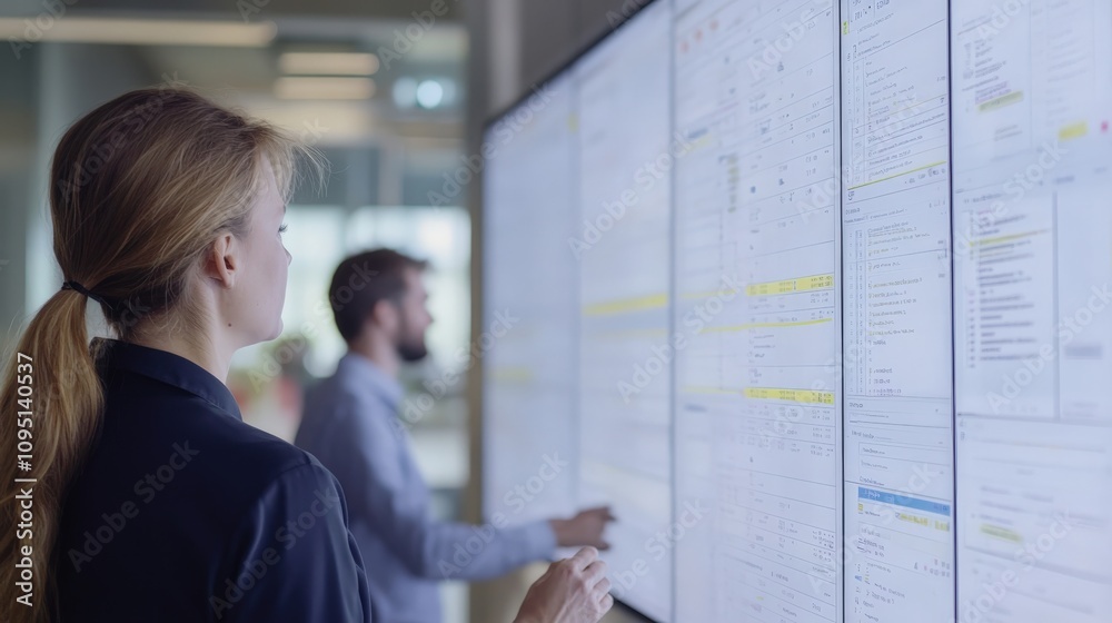 Poster Modern Office Environment with Professionals Analyzing Data on Digital Displays in a Collaborative Workspace
