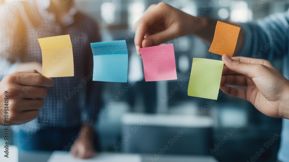 Poster collaborative teamwork concept with diverse hands holding colorful sticky notes, representing ideas,