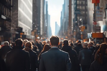 Obraz premium Man Walking in Bright Sunlight Dense City Street Crowd