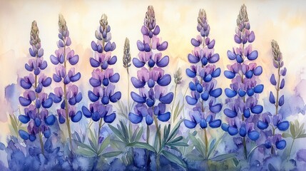 A watercolor painting of vibrant purple lupine flowers against a soft background.