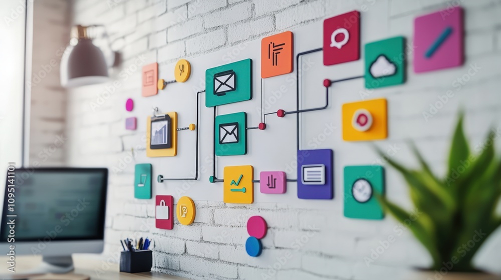 Poster colorful business concept with infographic elements on a brick wall background in a modern workspace