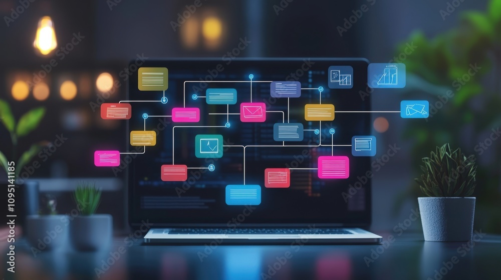 Leinwandbilder digital communication network visualization on laptop screen amidst calm workspace environment with 