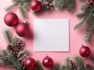 R&oacute;żowe podłoże a na nim pusta biała kartka, obok bombki choinkowe i gałęzie sosny