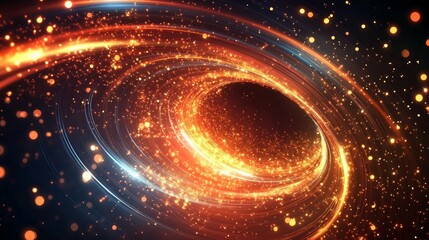 Abstract swirling cosmic vortex with glowing particles and dark center.