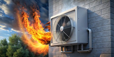 Air Conditioner on Fire A 3D Rendering of an AC Unit With Blazing Flames Erupting From Its Fan