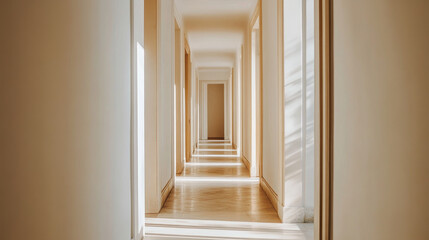 Fototapeta premium A narrow, empty corridor with pristine white walls and minimalist design, illuminated by soft daylight streaming in.