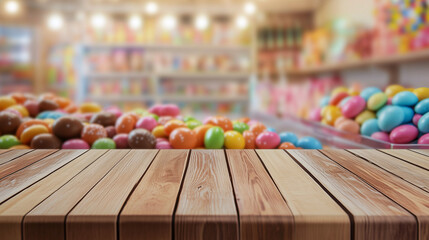 wooden counter in a confectionery shop, blurred candy background