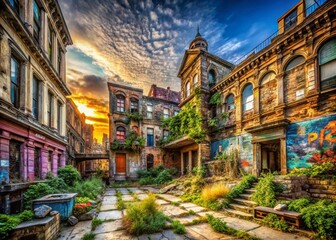 Fototapeta premium Urban Exploration Photography: Captivating Captures of Abandoned Buildings and Street Art in a Vibrant City Environment for Creative Projects and Visual Storytelling