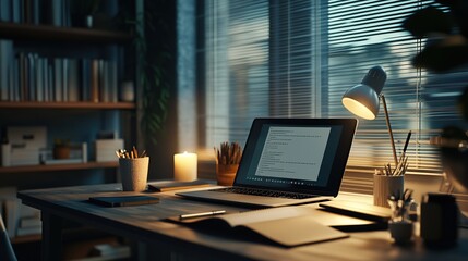 A cozy workspace with a laptop, candle, and stationery, perfect for focused work.