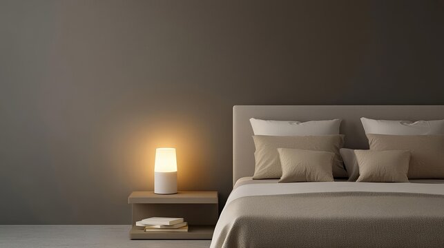 Minimalist bedroom setup with glowing reading lamp, neatly placed book, and neutral decor, modern comfort, calming atmosphere