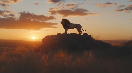 A majestic lion stands on a rocky outcrop against a stunning sunset backdrop.
