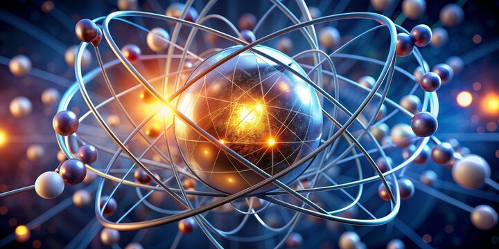 Atomic Orbitals A 3D Rendering of an Atom with Metallic Sphere and Orbiting Particles, Against a Blue and Orange Bokeh Background