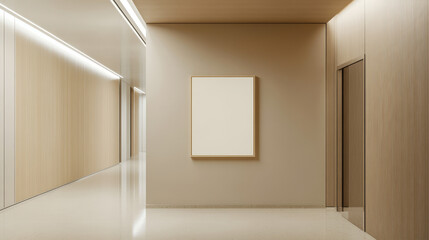 A single framed poster mockup hangs perfectly centered on a beige wall within a minimalist corridor. 