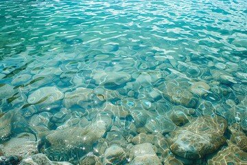 Calm and clear water gently flowing over smooth stones, showcasing the beauty of nature's tranquility and serenity.
