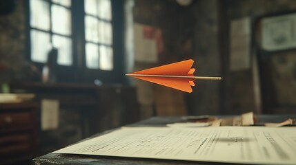 A vibrant orange paper airplane hovers above a desk covered in papers.