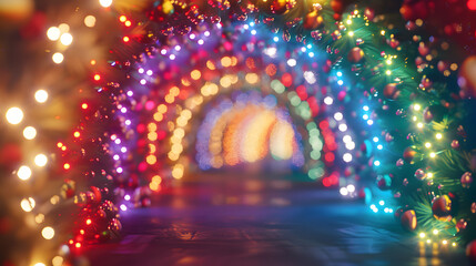 Christmas lights on a busy street with lots of people.stunning hues of the nightlight tunnel as a backdrop. The day of happiness is depicted in every decoration.
