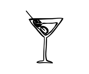 Glass with drink and olive hand drawn in doodle style. Food, kitchen, menu. Vector illustration for design.